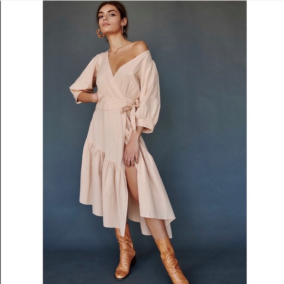 Free People Dresses & Skirts - Free People Cotton Linen Wrap Midi Dress Peach
